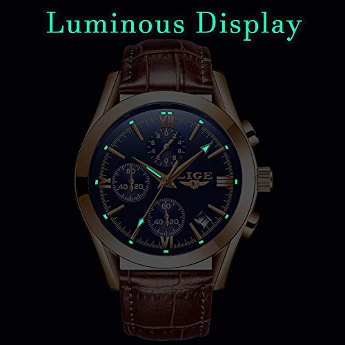 LIGE Men's Watches Elegant Luxury Analog Quartz 3ATM Waterproof Chronograph Watch for Male Fashion Casual Brown Leather Round Blue Dial Calendar Business Gents Dress Wristwatch