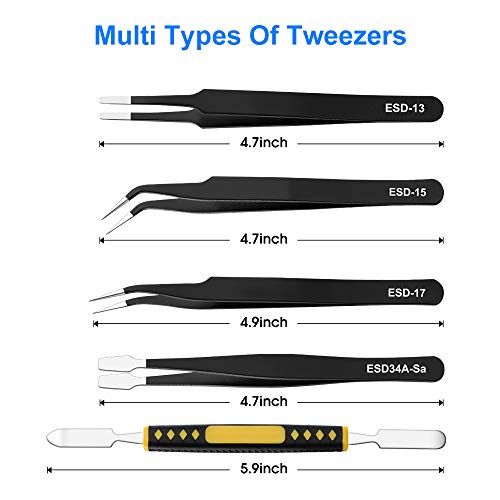 10 PCS Precision Tweezers Set, Premium Craft Tweezers Kit, Stainless Steel Electronic ESD Tweezers, Anti-static Industrial Soldering Tweezers, with Tweezer Storage Bag