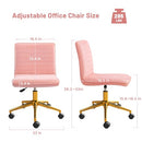 Furniliving Velvet Home Office Chair, Armless Vanity Desk Task Chair with Wheels 360° Swivel Computer Rolling Desk Chair with Back, Adjustable Accent Chair with Gold Metal Base Stool Chair (Pink)