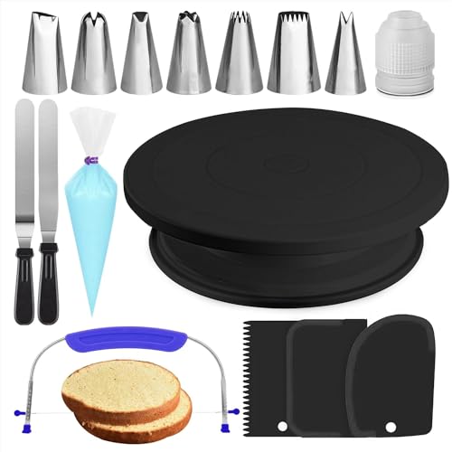 RFAQK 35PCs Cake Turntable and Leveler-Rotating Cake Stand with Non Slip pad-7 Icing Tips and 20 Bags- Straight & Offset Spatula-3 Scraper Set -EBook-Cake Decorating Supplies Kit -Baking Tools