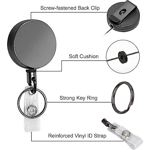 2 Pack Heavy Duty Retractable Badge Holder Reel, Will Well Metal ID Badge Holder with Belt Clip Key Ring for Name Card Keychain [All Metal Casing, 27.5" UHMWPE Fiber Cord, Reinforced Id Strap]