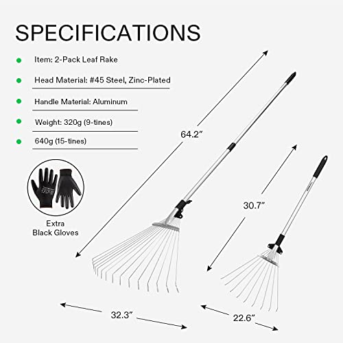 VIVOSUN 2-Pack Leaf Rake Set, Adjustable Garden Camping Rake Includes 15-Tine 64'' Rake and 9-Tine 30'' Rake, Metal Rake with Collapsing Tines and Telescopic Handle for Garden Lawn Yard Cleaning