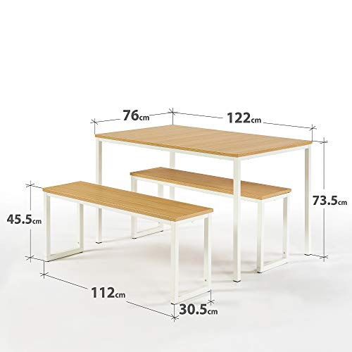 Zinus Louis Modern Studio Soho White Dining Table Set with Two Benches | 3 Pieces Dining Set | Easy Assembly Industrial Dining Table Furniture, Natural White