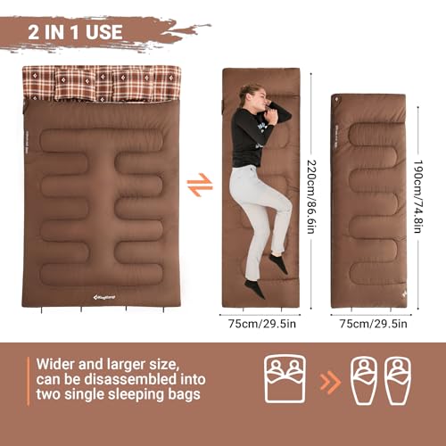 KingCamp Double Sleeping Bag for Adults Cotton Flannel Lightweight Queen Size 2 Person Sleeping Bags with 2 Pillows for Camping Backpacking or Hiking Outdoor XL Sleeping Bag w/Compact Compression Sack