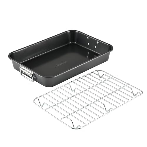 Farberware Nonstick Bakeware 11-Inch x 15-Inch Roaster with Flat Rack, Gray,Grey