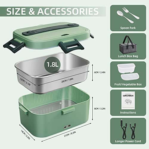 75W Electric Lunch Box Food Heater, 1.8L Large Capacity Heated Lunch Boxes for Adults/Work/Car/Office, 3 in 1 12V/24V/110V Food Warmer Lunch Box with Fork/Spoon and Insulated Carry Bag (Dark Green)