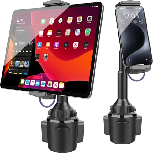 APPS2Car Solid Cup Holder Tablet Mount for Car, Adjustable Height iPad Car Mount for Truck Low Profile Road Trip Essentials Compatible with 4.7-13" iPad Pro Air Mini, Fire, iPhone, Cell Phone - Black