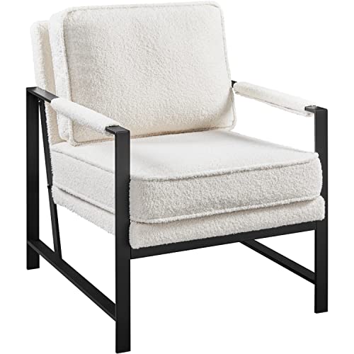 Yaheetech Armchair, Retro Leisure Accent Chair with Extra Soft Padded and Cushion, Modern Reading Arm Chair with Black Mental Frame for Living Room/Office/Bedroom/Study, Ivory