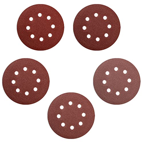 Sanding Sheet Set,100 PCS Ø 125mm 60/80/120/180/240 Grit Sandpaper with 8 Holes,Dustless Hook and Loop Sanding Discs Pads Accessories for Random Orbital Sanders