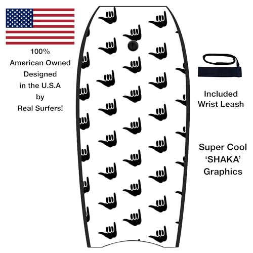 'SHAKA' Kids Bodyboard 36" Body Board & Leash, Stylish Graphics, Lightweight Soft Top Bodyboard, EPS Foam Core, HDPE Slick Bottom & Included Wrist Leash, Great for Kids, Youth and Adult Surfers.