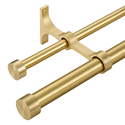 Lwiiom Double Curtain Rods with Aluminum End Cap and Full Surround Brackets,1"Front and 5/8" Back Rod,Adjustable between 72 to 144 Inches (6-12 Feet), Brass Double Window Drapery Rod