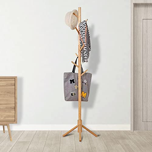 Neween Wooden Coat Rack with 8 Hocks, 3 Adjustable Sizes Free Standing Coat Hanger No Tools Required Handbags, Clothes, Hat Stand for Hallway, Entryway, Bedroom (Beige)