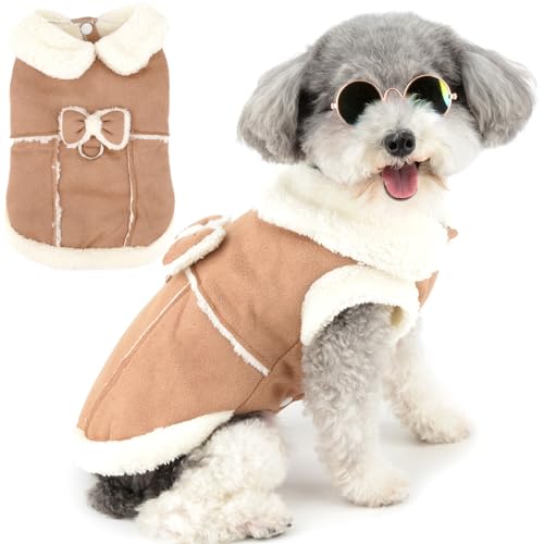 Zunea Dog Winter Coats for Small Dogs Cats Shearing Fleece Dog Jacket Coat with D-Ring Cute Puppy Clothes with Bow Soft Warm Fleece Vest Clothing Windproof Cold Weather Pet Chihuahua Apparel Khaki S