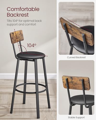 VASAGLE Bar Stools, Set of 2 PU Upholstered Breakfast Stools, 29.7 Inches Barstools with Back and Footrest, Simple Assembly, for Dining Room Kitchen Counter Bar, Rustic Brown and Black ULBC069B81