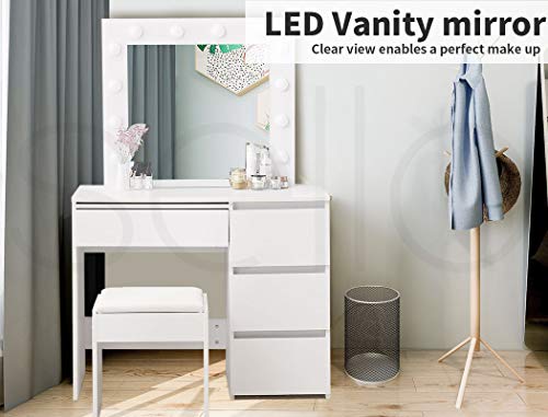 LEVEDE Vanity Desk with Mirror and Stool, Wooden Dressing Table Set with Drawers, 3 Colors LED Bulbs Makeup Table for Bedroom, Dressing Room (White)