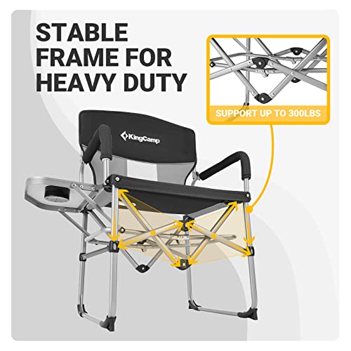 KingCamp Portable Director Camping Folding Chair Hard Arm with Handle and Side Table Support 300 lbs Perfect for Beach Sunbathing Backyard Outdoor Use, One Size, Black/MediumGrey-2 Pack