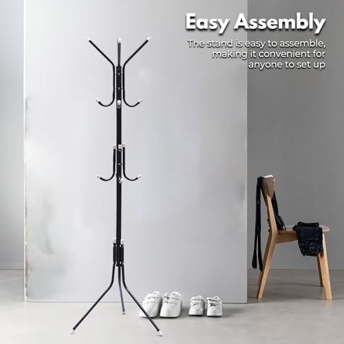 Ekkio 12 Hook Metal Coat Rack Stand with 3-Tier Hat Hanger - Hall Tree, Coat Hanger, Coat Rack Freestanding, Coat Tree, Purse Hanger, Coat Rack Stand, Purse Rack, Hat Stand, Black