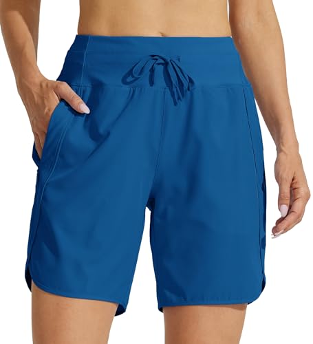 WILLIT Women's 7" Athletic Running Shorts Long Workout Hiking Shorts Quick Dry High Waisted Active Shorts Zipper Pocket Deep Blue M