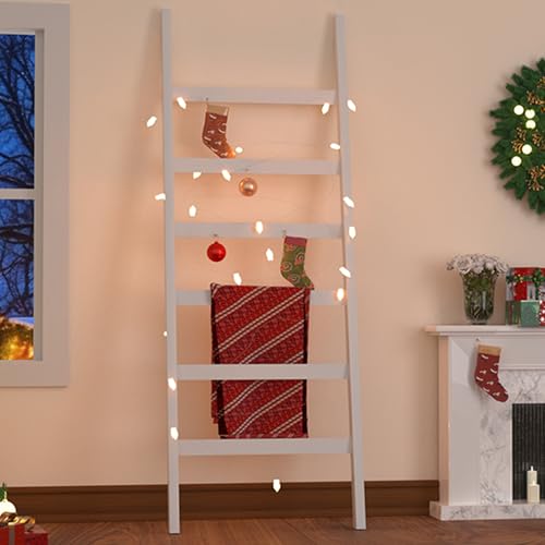 ZHOMUD Blanket Ladder, 6 Tier Blanket Holder, 68.9 Inch Tall Blanket Rack, Ladder Shelf Against The Wall, Rustic Bamboo Quilt Rack Stand for Bathroom, Living Room, Bedroom, Balcony, White