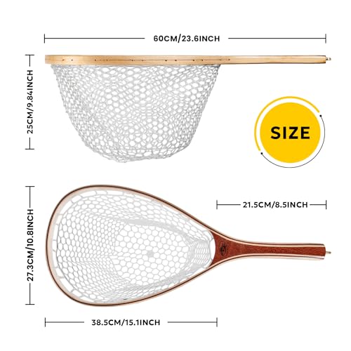 SF Fly Fishing Landing Net Soft Silicone Rubber Small Mesh Catch and Release Wood Frame Trout Net with Green Magnetic Release Combo Kit