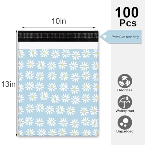 Whaline 100Pcs Poly Mailer 10 x 13 Inch Daisy Flower Mailing Bags Blue Floral Deliver Envelopes Waterproof Plastic Packaging Bags for Small Business Packing Moving