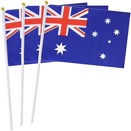 10 Pack Australia Flags 5x8 inch Hand Waving Stick Flags Small Handheld AU Flags with Safe Round Top Mini National Day Country Flags Party Decorations for Parades World Cup Sports International Festival Events (Australia Flag)