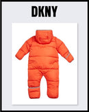 DKNY Baby Boys’ Snowsuit – Hooded Fleece Lined Warm Winter Jumpsuit – Zip Snow Pram for Newborns and Infants (0-24M), Size 24M, Orange
