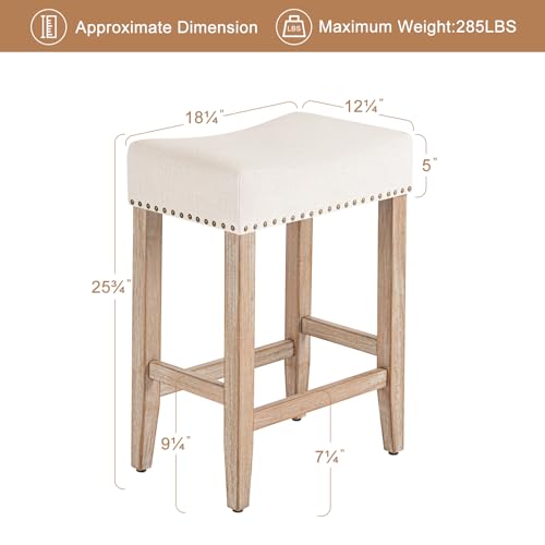 Furniliving Bar Stools Set of 2,25.7 inch Counter Height Bar Stools,Upholstered Kitchen Barstools with Solid Wooden Legs, Saddle Stools for Kitchen Island, Bar, Cafe, Beige