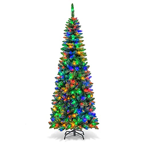 Costway Artificial Pre-lit Christmas Tree, Hinged Fir, Xmas Pencil Tree with Foldable Metal Stand & Superior PVC Leaves, Easy Assembly, Christmas Decoration for Indoor (1.98 M)