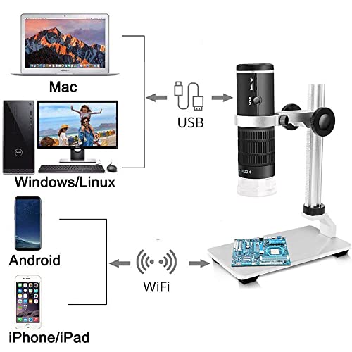 Jiusion WiFi USB Digital Microscope 50 to 1000x Wireless Magnification Endoscope 8 LED Mini HD Camera with Updated Stand Portable Case, Compatible with iPhone iPad Android Mac Windows