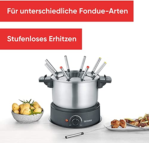 SEVERIN FO 2470 Fondue, Dishwasher Safe Fondue Set with 8 Colour-Coded Forks, Electric Fondue Made of Stainless Steel for Cheese Fondue, Chocolate Fondue or Oil Fondue, Black