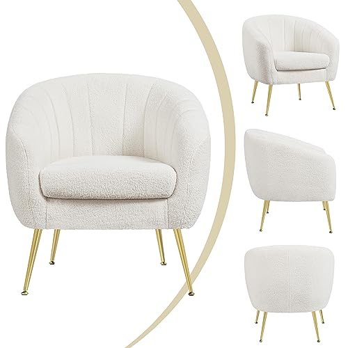 Yaheetech Sherpa Fabric Accent Chair, Modern Cozy Vanity Chair with Gold Metal Legs, Boucle Fabric Armchair with Removable Seat Cushion for Living Room Bedroom Office Guest Room, Ivory