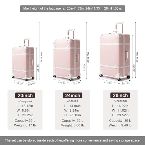 NZBZ Vintage Luggage set Carry on Cute Suitcase with Rolling Spinner Wheels TSA Lock Luggage 3 Pieces, Pink, 20inch & 24inch & 28inch, Zipper Vintage Luggage