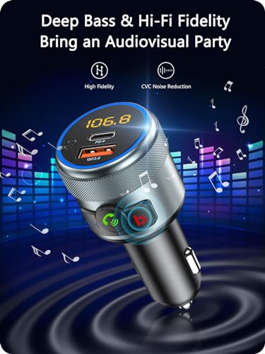 LENCENT Car FM Transmitter, Wireless Bluetooth 5.1 Radio Adapter Car Kit with Big Button, Type C PD 20W and QC3.0 18W Car Fast Charger, Bass Lossless Hi-Fi Sound Music Streaming, Wireless Call