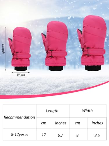 SATINIOR 2 Pairs Kids Snow Mittens Waterproof Winter Ski Gloves Warm Thicken Snow Gloves for Girls Boys (Rose Red, Black, 8-12 Years)