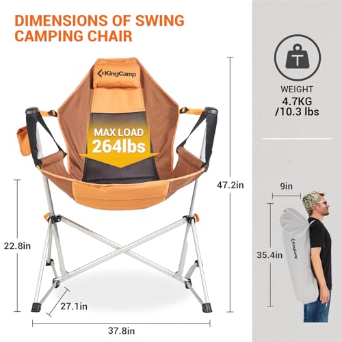 KingCamp Hammock Camping Chair Swinging Rocking Chair for Adults Portable Folding Chair Hold Up to 264 lbs Carrying Bag Cup Holder for Lawn Beach Camp Outside(Brown/2-pack)