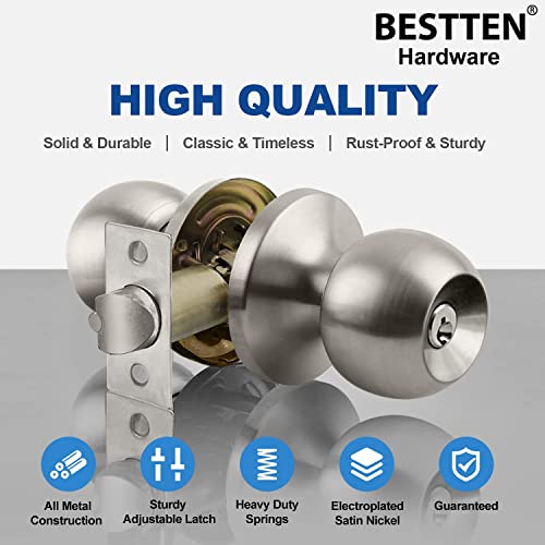 BESTTEN Keyed Entry Door Knob with Lock, Interior and Exterior Door Lock, Standard Ball, Satin Nickel