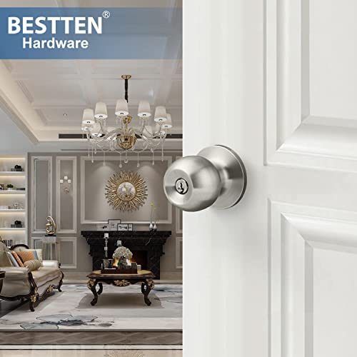 BESTTEN Keyed Entry Door Knob with Lock, Interior and Exterior Door Lock, Standard Ball, Satin Nickel