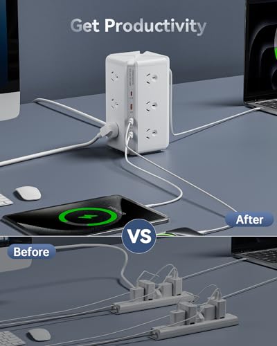 HEYMIX Tower Power Strip USB, USB C Powerboard Surge Protector 12-Outlet, 24W(Max) Power Board with 4-USB & 2 USB-C & 1.8M Extention Cord and Switch, 710J 2400W