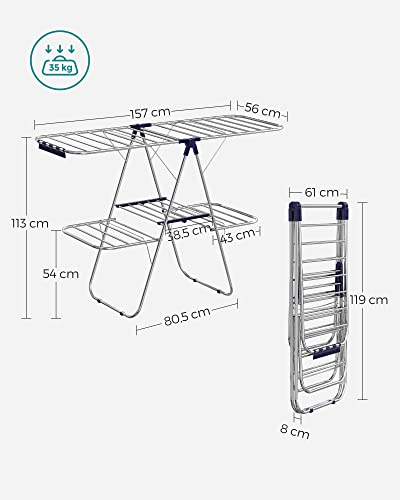 SONGMICS 2-Level Clothes Airer, Stainless Steel Drying Rack, Laundry Rack with Height-Adjustable Wings, Free-Standing, for Socks, Bed Linen, Clothing, Foldable, Stable, Blue LLR53BU, 156 x 61 x 113 cm