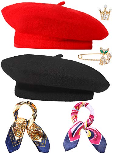 6 Pieces Wool Beret Hat Solid Color French Beanie Hat with Silky Scarf Brooch, Black and Red, Medium