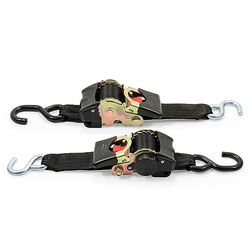 Camco Heavy Duty Retractable Ratchet Tie Down Straps for Hauling and Transporting- 2" x 6', Dual Hook, 2,500 lb Break Strength, Securely Tie Down Boats, ATVs, and More (50031), black