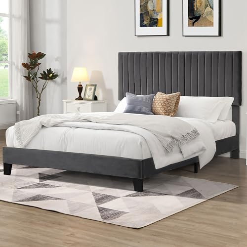 LEVEDE Queen Bed Frame Platform, Wooden Bed Base with Adjustable Headboard, Upholstered Velvet Mattress Support, Modern Classic Bedroom Furniture, Easy to Assemble (Grey)