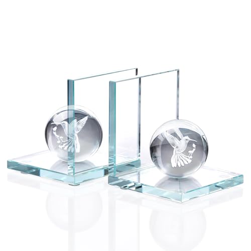 1 Pair 4'' Glass L-Shape Non-Slip Bookends with 2.36'' Crystal Ball Engraved 3D Hummingbird, Birthday Gifts for Women, Mom, Hummingbird Lover, Decoration Book Ends for Shelves Office Desk Home Decor