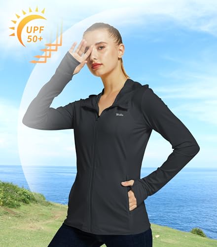 Willit Women's UV Shirts UPF 50+ Long Sleeve Sun Protection Jacket Hooded SPF Shirts with Pockets Black M