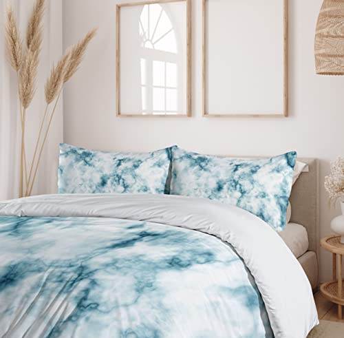 Ambesonne Apartment Decor Duvet Cover Set, Fluffy Cloud Skyline Like Marble Motif with Grunge Features Art Image, 3 Piece Bedding Set with Pillow Shams, Queen/Full, Turquoise