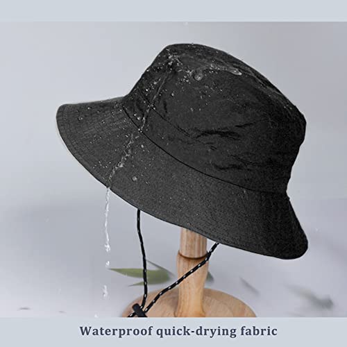 Black Waterproof Bucket Hat for Women and Men - UV Protection Beach Sun Hat Fishing Safari Boonie Hat Rain Hat Adjustable Packable