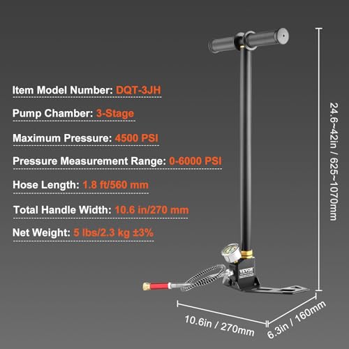 VEVOR High Pressure Hand Pump 3 Stage Airgun PCP Pump 4500PSI Stirrup Pump Air Rifle Filling Stirrup Pump(30MPA)