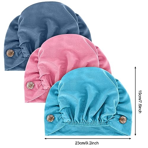 Geyoga 3 Pieces Bouffant Caps with Buttons Unisex Stretchy Headband Turban with Buttons for Women (Lake Blue, Deep Pink, Blue)