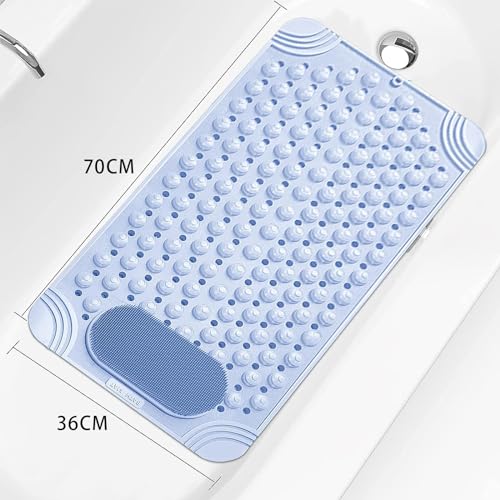 Bathtub Shower Mat Non-Slip with Suction Cups & Drain Holes Feet Massage Rubber Bath tub Mat Extra Long Machine Washable Bathroom Rug for Kids Elderly 70x36CM (Blue)